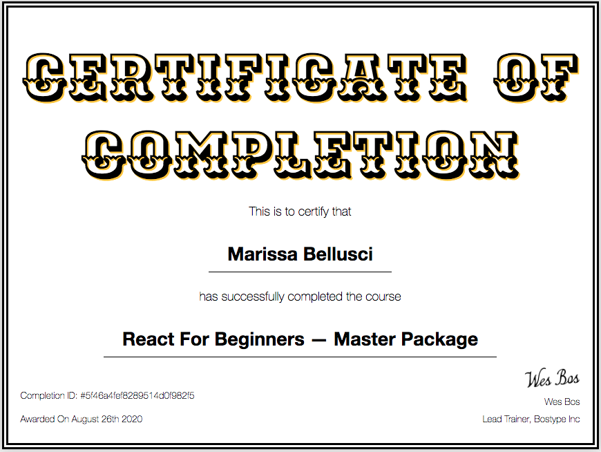 Image of Certification for React for Beginners - Master Package from Wes Bos